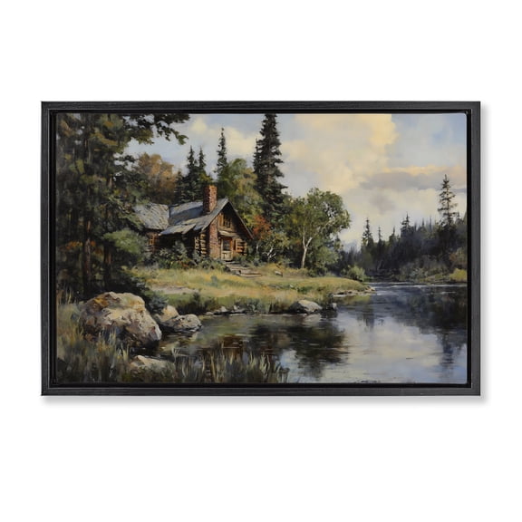 Stupell Industries Rustic Lodge Creek Cabin Woodland View Black Floating Frame Canvas Art, 25 x 17, by Franklyn Gregory