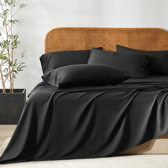 Queen Size Sheet Set 4 Piece, Cooling Bamboo Derived Rayon & Polyester Bedding Set, 16 Inch Deep Pocket Fitted Sheet, Soft & Breathable
