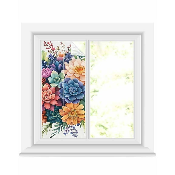 Window Privacy Film Colorful Summer Succulents Stained Glass Window Film Decorative Sun Block Window Cover Spring Floral Watercolor Window Clings Static Adhesive Sticker for Bathroom 17.7"x39.3"