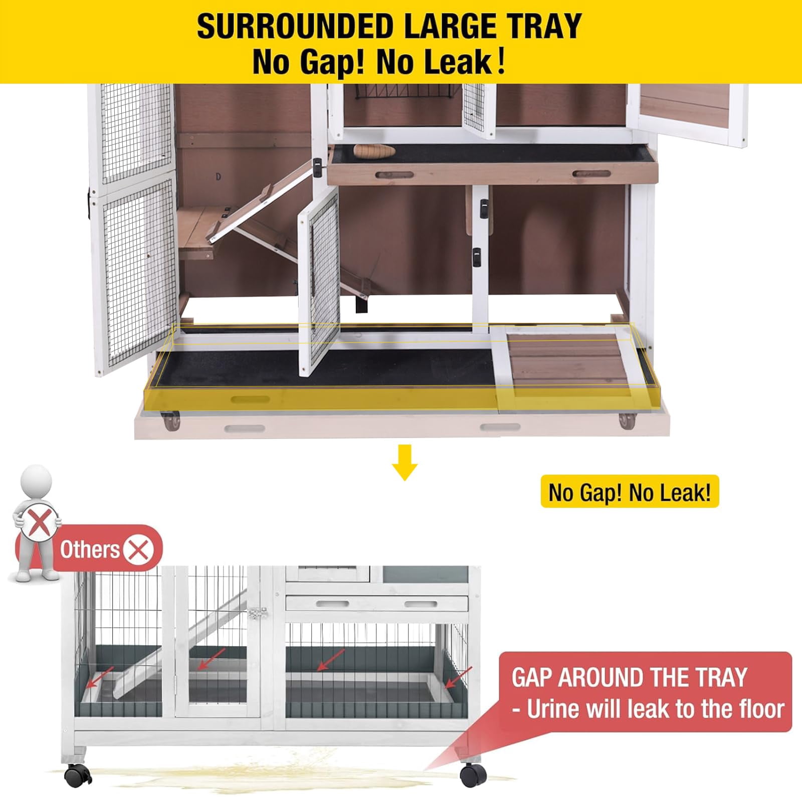 Aivituvin Wood Rabbit Hutch Bunny Cage with Wheel, Two Layer Guinea Pig House for Outdoors & Indoors, Brown