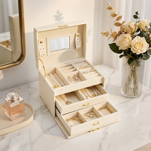 ZYHYPWW Lockable Jewelry Box, 3-Tier Organizer with Removable Tray, Portable Jewelry Storage Case for Rings Necklaces Earrings, Perfect Birthday Gift for Women and Girls, 6.7×5.5×5.1 In