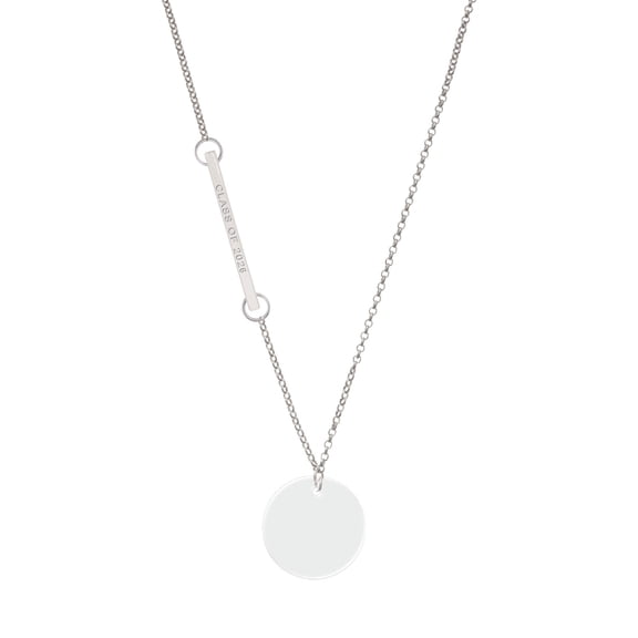 Delight Jewelry Acrylic 1" Disc White Imitation Pearl - Silvertone Class of 2026 Delicate Bar Necklace, 18.75"