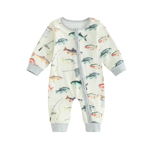 xiaxaixu Combinaison d'Automne pour Bébé, Manches Longues Col Rond Imprimé Poisson Fermeture Éclair Combinaison d'Automne pour Garçons Filles