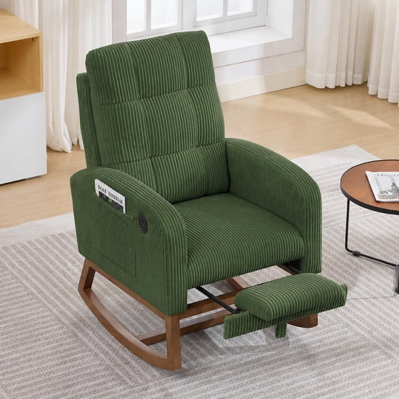 Green Corduroy Nursery Glider Recliner Chair, USB Charging Nursing Rocker with Footrest