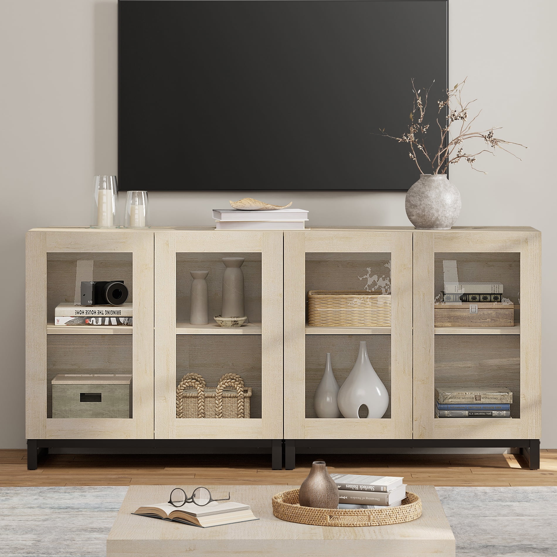 WAMPAT 63 Inch TV Stand with Glass Doors for 32-70 inch TVs, Modern Entertainment Center TV Console with Adjustable Shelves for Living Room, Bedroom,Beige