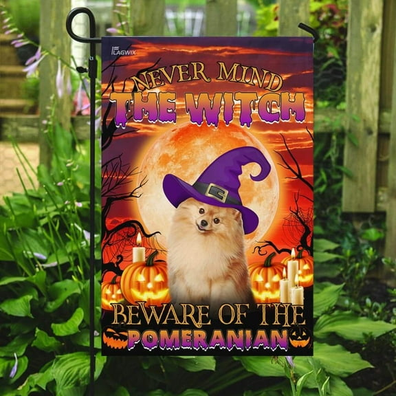 Flagwix Halloween Flag, Beware Of The Pomeranian Halloween Decoration, Fall Decor, Canvas Double-sided Printed 12x18 Garden Flag
