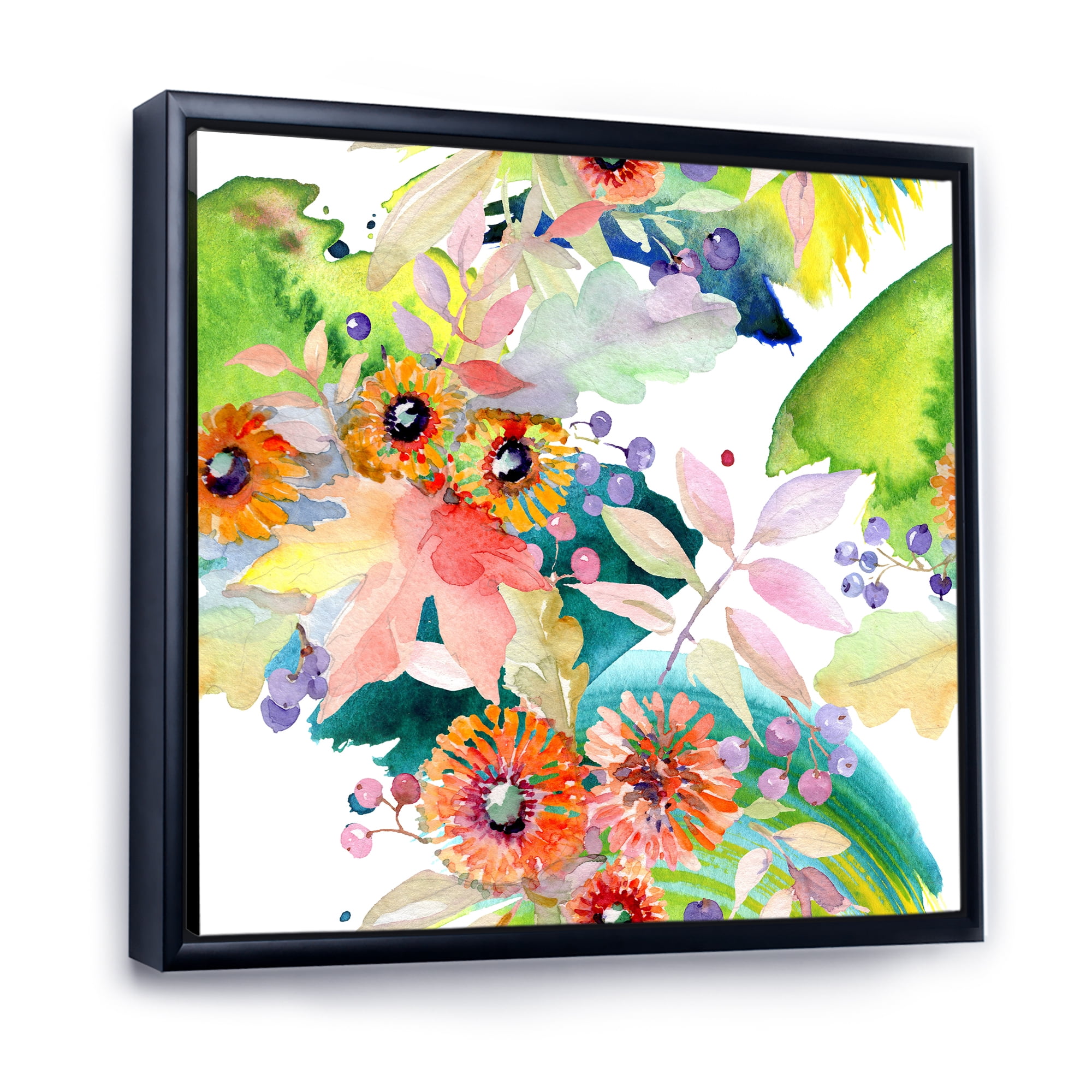 Designart 'Vital Wild Spring Leaves and Wildflowers III' Modern Framed Canvas Wall Art Print