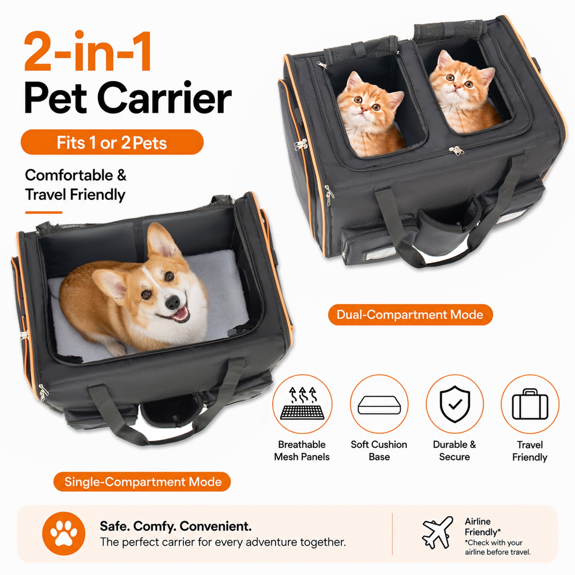 2-in-1 Rolling Pet Carrier with Wheels and Expandable Sides, Foldable Double Cat Carrier with Removable Divider, Black