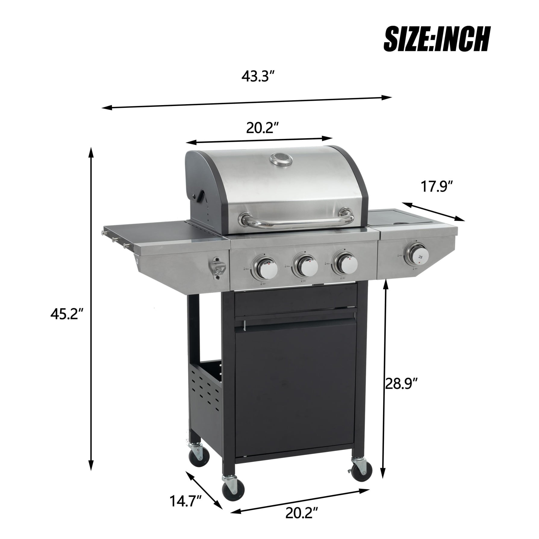 3 Burner Gas Grill, Stainless Steel Gas Grill with Side Burner, Thermometer and four Wheels, for Outdoor Cooking Kitchen, Garden and Patio Backyard Barbecue, Black and Silver