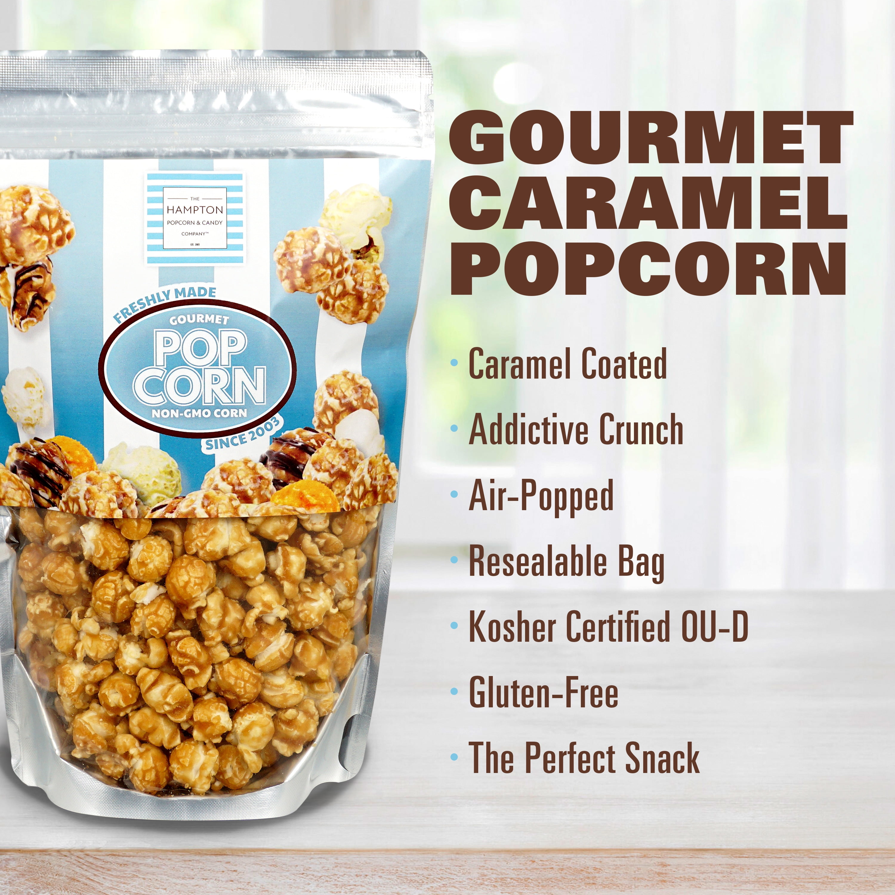 The Hampton Popcorn Company Caramel Popcorn Resealable Zip Bag, 9.5 Ounce (Pack of 6), Caramel Corn, Fresh Gourmet Popcorn