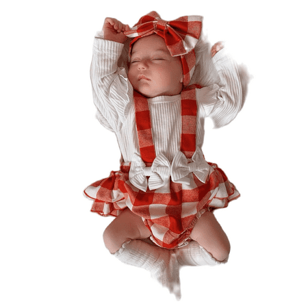

Genuiskids Newborn Baby Girls Christmas Romper 2Pcs Set Infant Long Sleeve Crew Neck Santa Claus Candy Cane Plaid Bodysuit + Headband