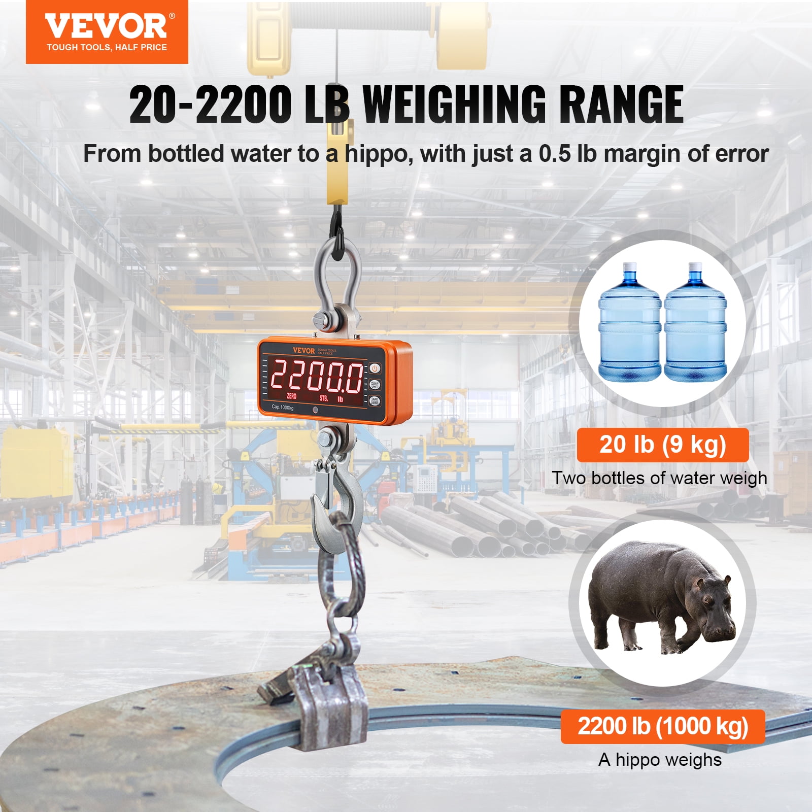KFFKFF Digital Crane Scale Industrial Hanging Scale 2200 lbs/1000 kg Heavy Duty