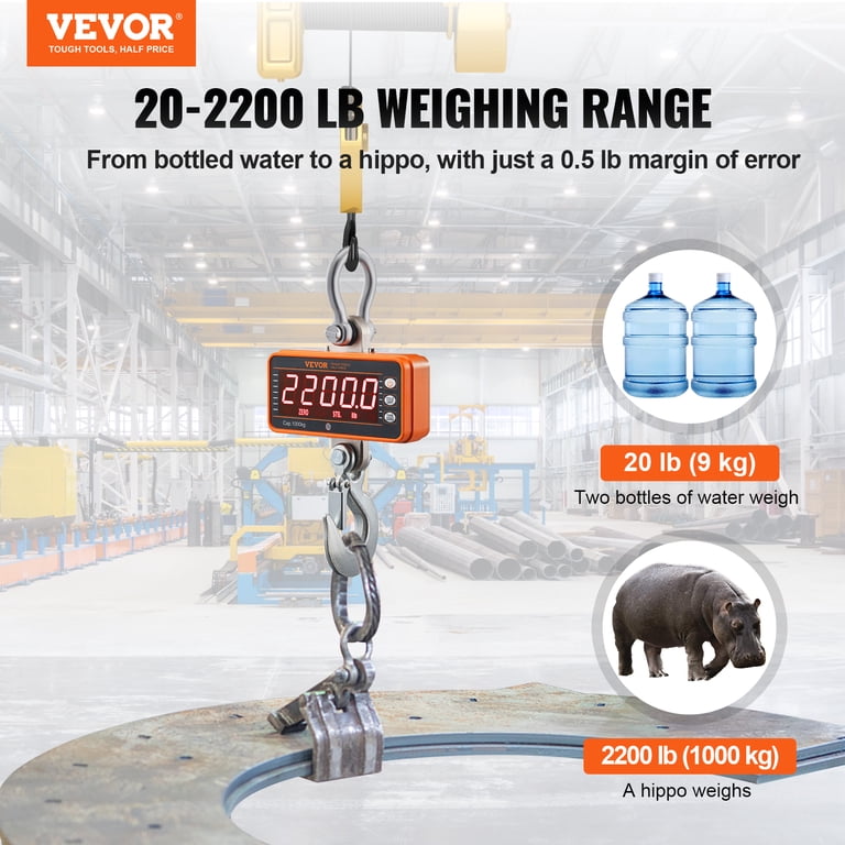 Digital Hanging Crane Scale - 1000kg/2200lb Capacity, Tare & Hold Function, Heavy Duty Industrial