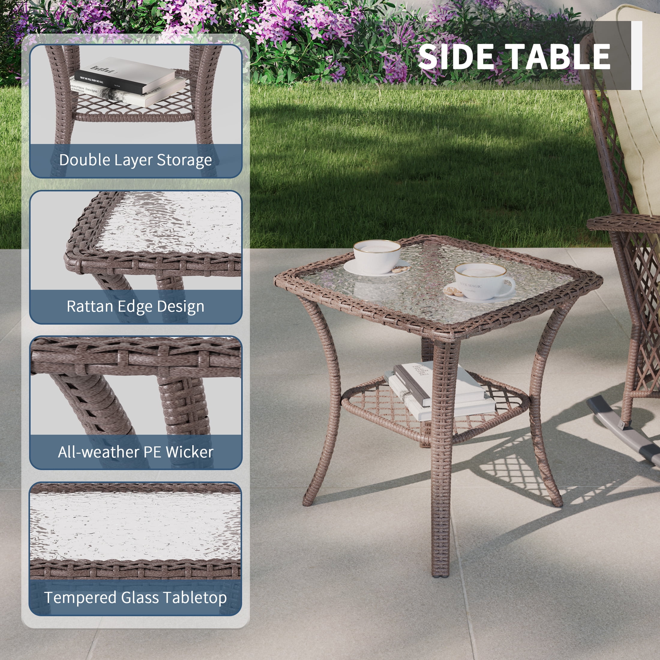 Poteban 3-Piece Outdoor Rocking Chairs, Wicker Patio Furniture with Thickened Cushions and Table for Porch (Khaki)