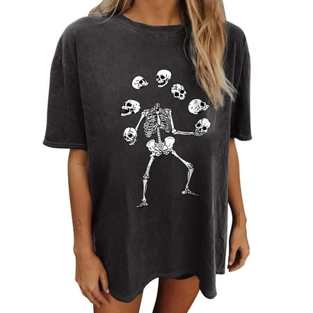 

Crop Tops for Women Tunic Tops Women s Vintage Drop Sleeves Skull Sun Moon Print Short Sleeve Tops Blouse Womens Workout Tops Savings Clearance Black Shirts for Women Gray M