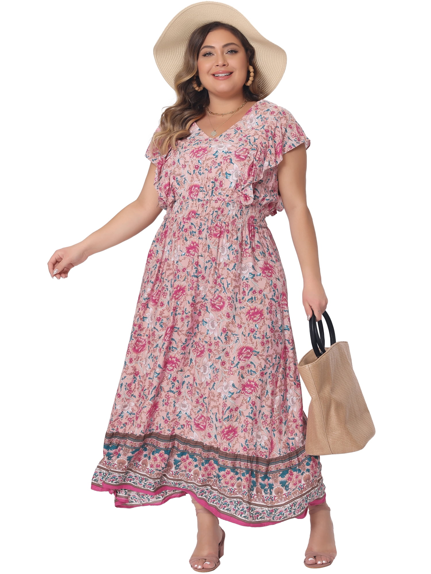 DARING DIVA Women's Plus Size Floral Ruffle Sleeve Beach Boho Maxi Dress 1X Pink