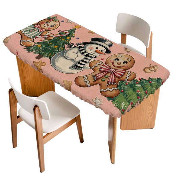 Pink Christmas Table Cloths for 5 Foot Rectangle Tables, Xmas Tree Gingerbread Snowman Winter Patio Waterproof Elastic Fitted Tablecloths, Washable Rectangular Table Cover for Camping