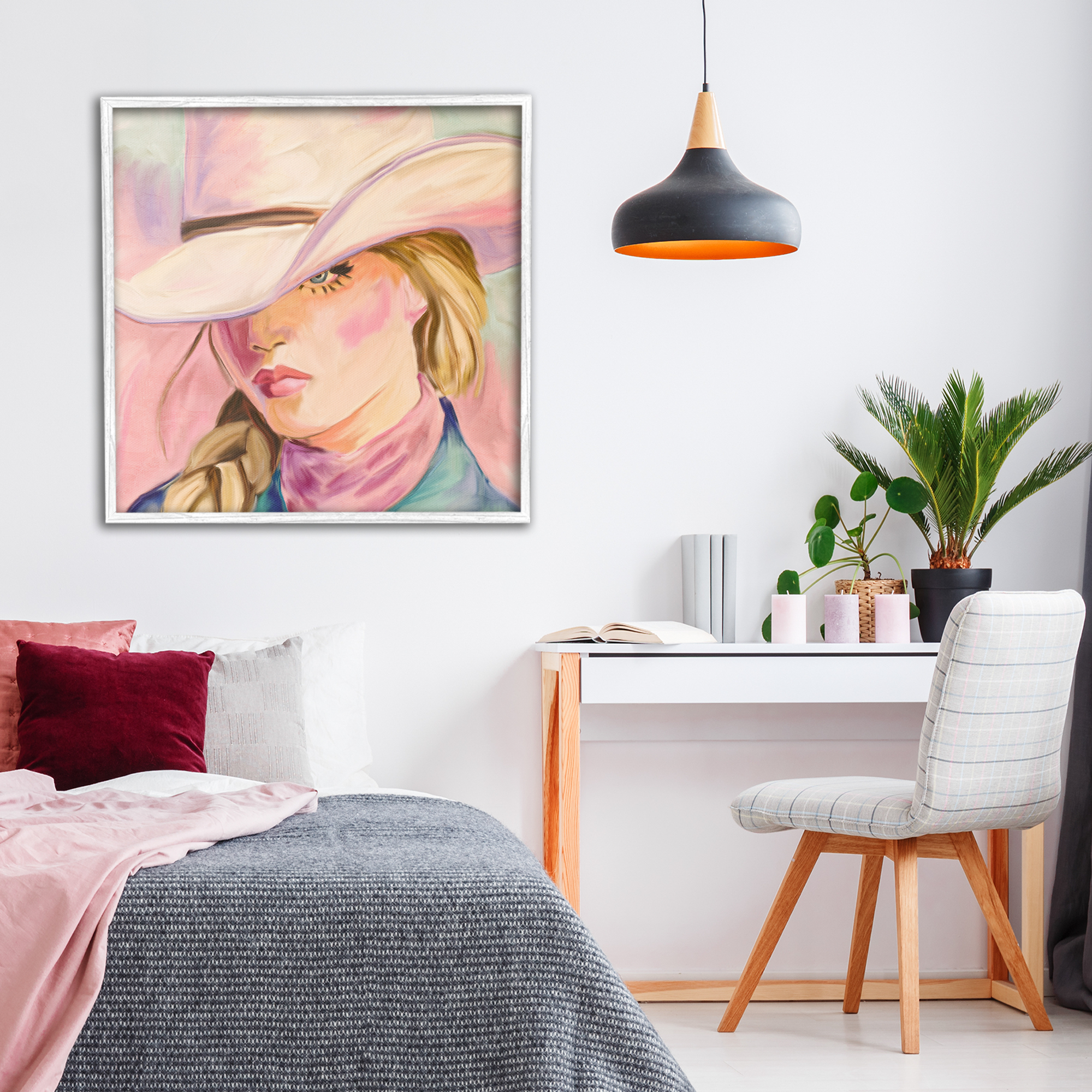 Pastel Cowgirl Gaze Beneath Hat White Framed Giclee Art, design by Kim Allen