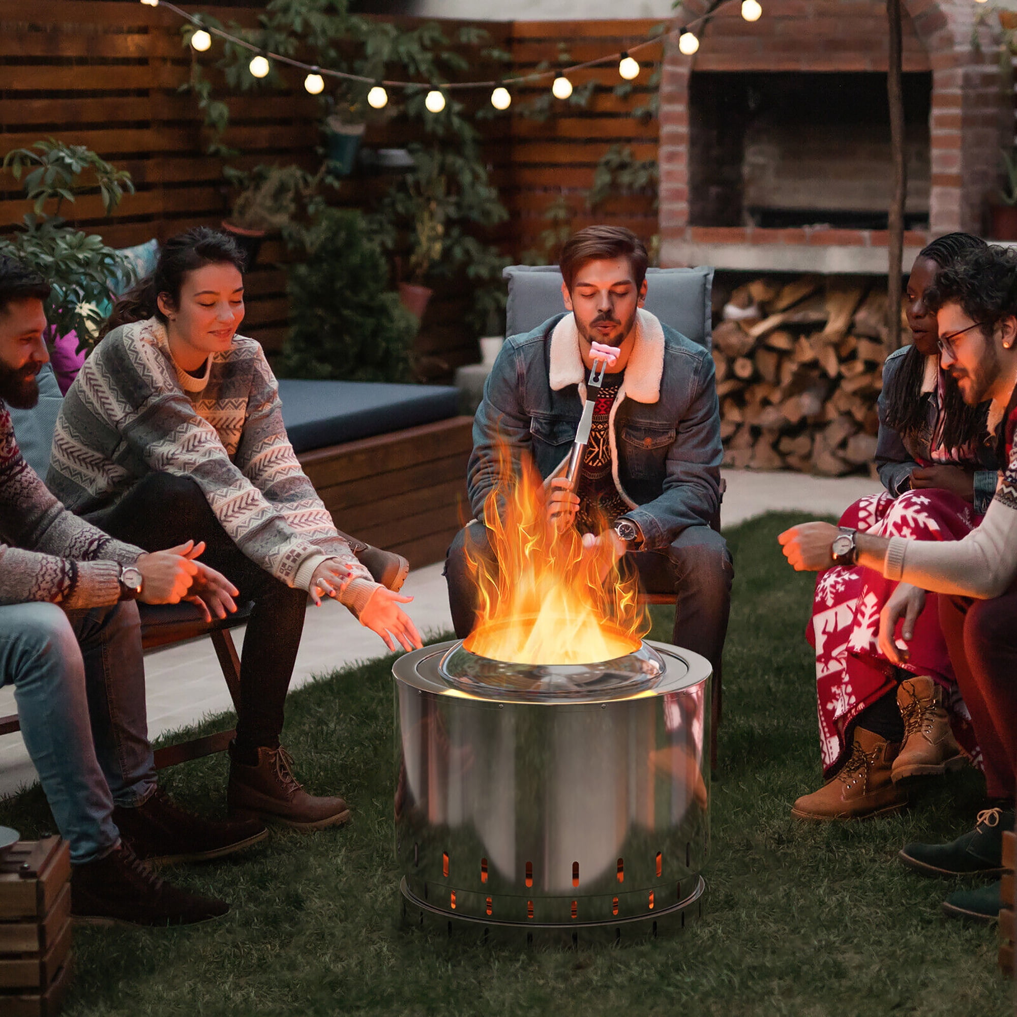 Gymax 19.5'' Smokeless Fire Pit Stainless Steel Wood Burning Firepit w/ Rain Cover