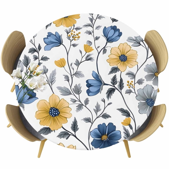 Yellow Blue Floral Round Fitted Table Cover Vintage Leaf Waterproof Table Cloth with Elastic Edge Wipeable Tablecloth for Picnic Camping Party Fits 36"-44" Diameter