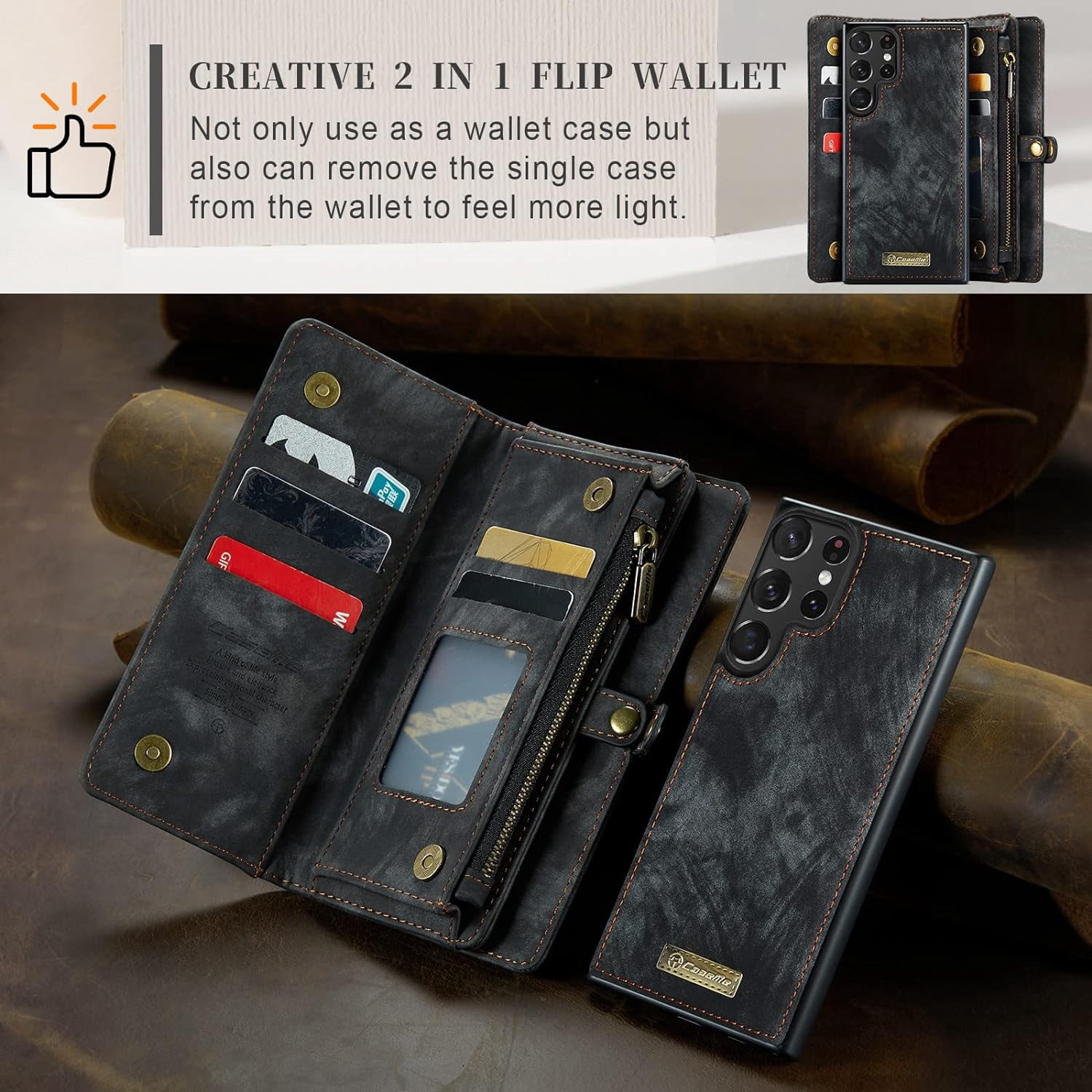 2 in 1 Detachable for Samsung Galaxy S23 Ultra Wallet Case with Card Holder, Retro Premium Flip Leather Cover  Zipper Pocket Phone Cases 6.8'' (Black,S23 Ultra)
