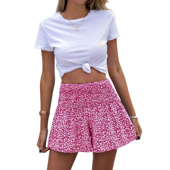 Boho Floral High Waist Drawstring Skorts for Women - Summer Ruffle Flowy Skirts Rose Red S