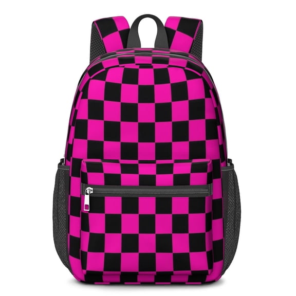 Pink and Black Checkered Pattern 17" School Backpacks for Teens,Waterproof Oxford Fabric,S-Shape Padded Straps for School,Travel,Hiking,Camping
