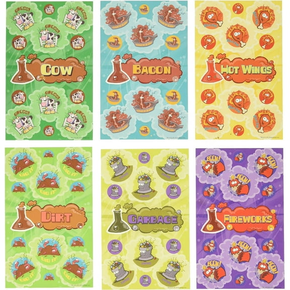 Just For Laughs Dr. Stinky's Scratch N Sniff Stickers 6-Pack- Cow, Bacon, Hot Wings, Dirt, Fireworks, Garbage 162 Stickers