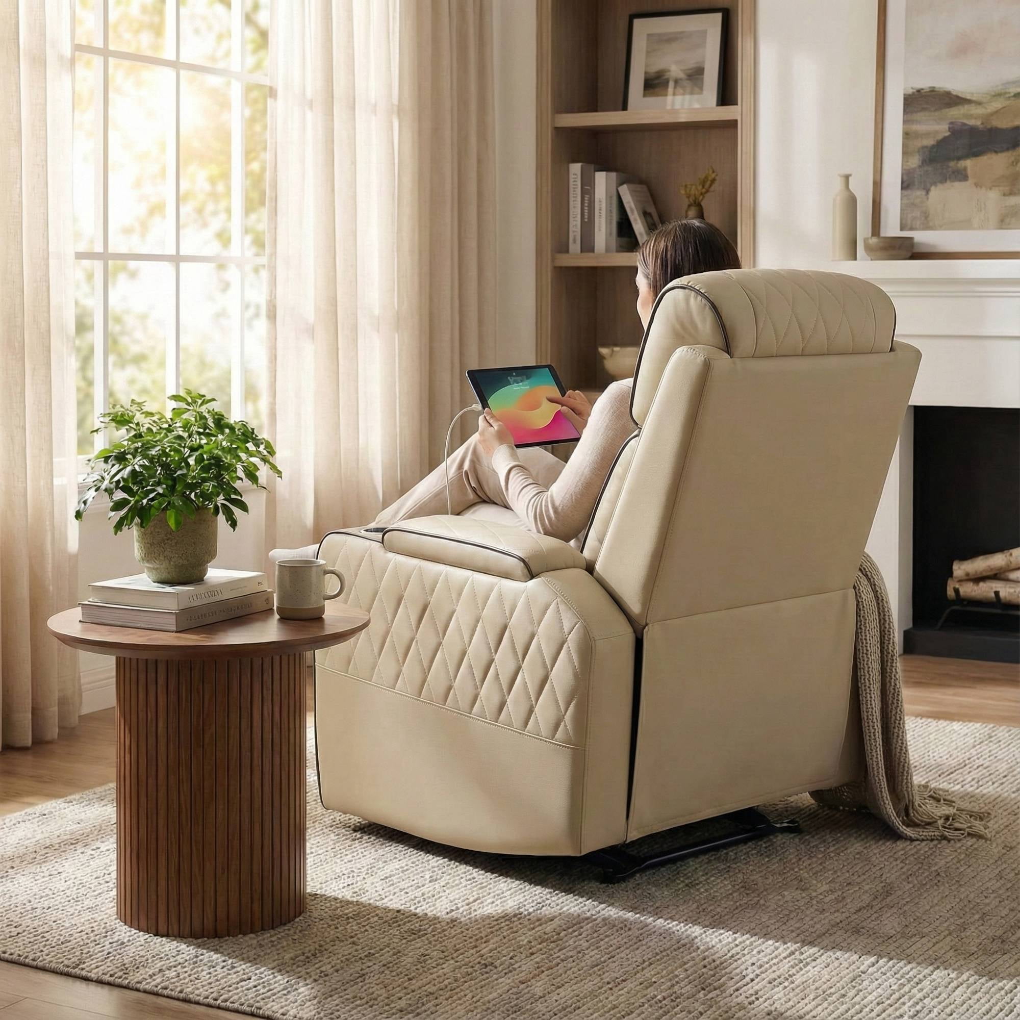 Power Recliner Chair with LED Lights & USB Charging Port,Ergonomic Reclining Sofa Couch,Leather Home Theater for Living Room,Khaki