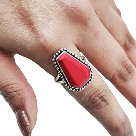 Aries Coral Coffin Ring, Natural Red Coral Ring, April Birthstone, Bohemian Ring, Womens Ring, Coffin Ring, 925 Sterling Silver, Christmas, Handmade, Statement Jewelry, Coffin Shape Gemstone Ring