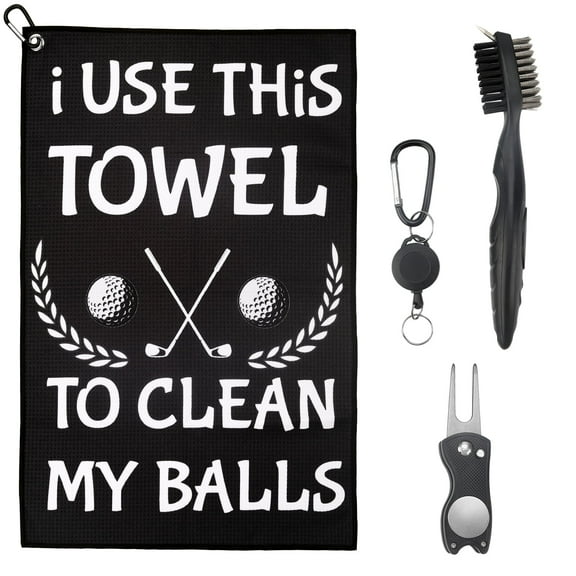 Funny Golf Towel Set, Includes Microfiber Towel with Clip, Brush, and Divot Tool - Perfect Golf Gift for Men, Dads, Husbands, Golf Fans - i USE THIS TOWEL TO CLAEN MY BALLS