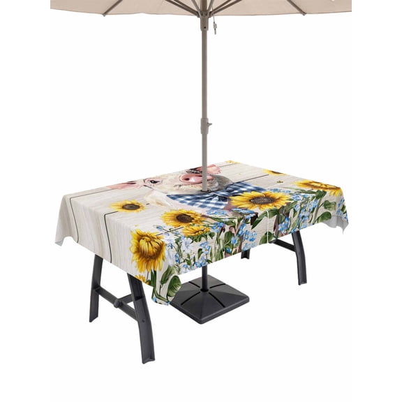 Outdoor Tablecloth with Umbrella Hole for Patio/Picnic/Party/Camping, Cute Pig Waterproof Table Cloth Rectangle Table Cover Washable, Yellow Sunflowers Beige Wooden Vintage Art (60"x 84")