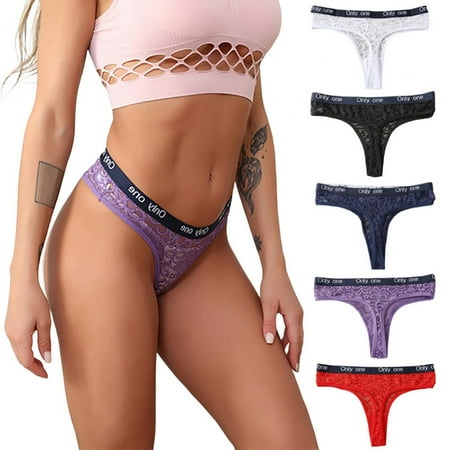 

Popvcly Womens Lace Thongs Low Rise Hollow Out Underwear Lace Panties Hipster See Through Panties Pack of 5