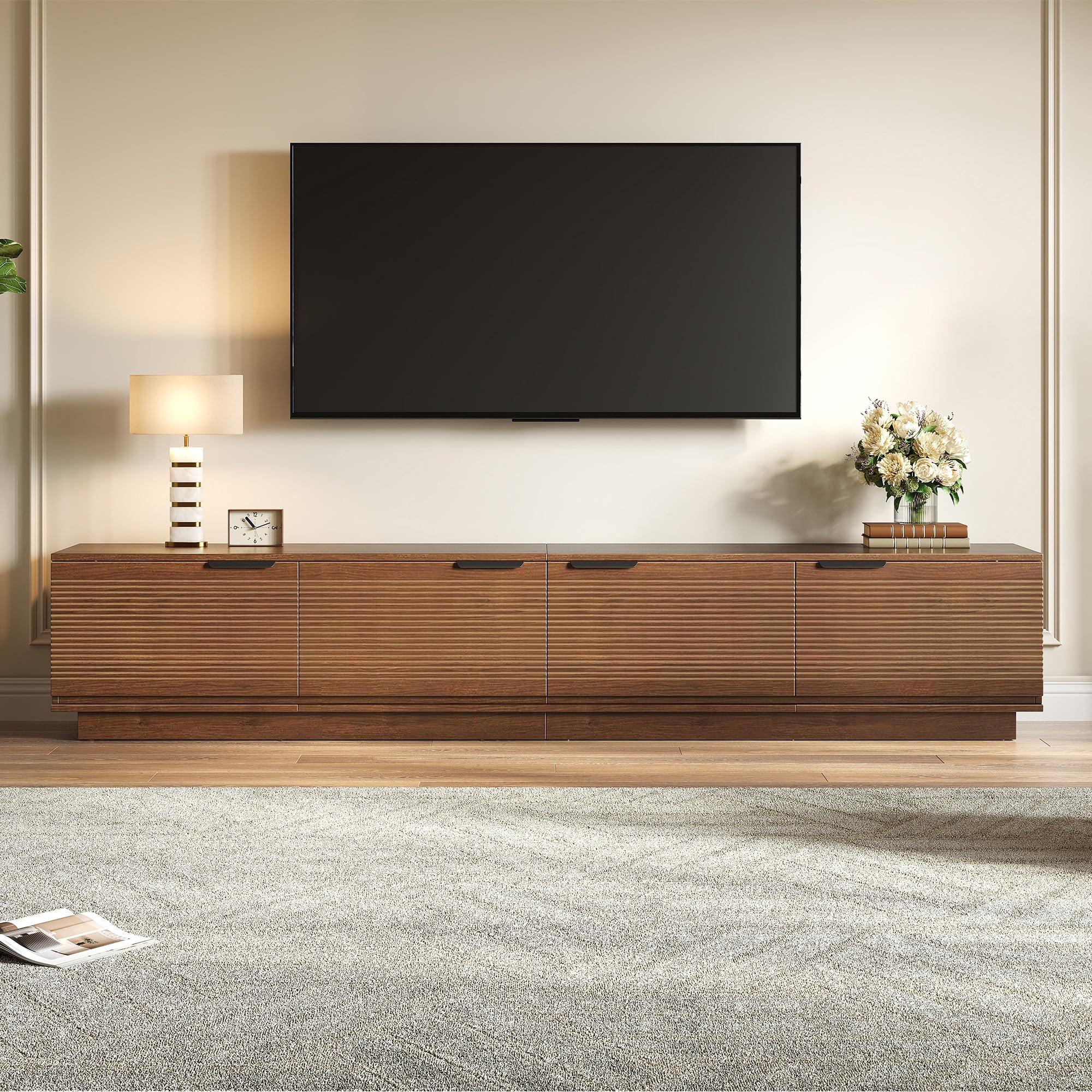 TV Stand for TVs up to 85 Inch, Entertainment Center with Fluted Doors & Cable Management, Media Console with Soft-Close Hinges for Living Room