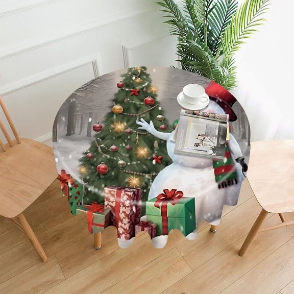RKSupls 60 Inch Round Tablecloth, Snowman Christmas Tree Presents Forest Premium Polyester Straight Edge Wrinkle Resistant Washable Table Cover for Party Home Dining Decor