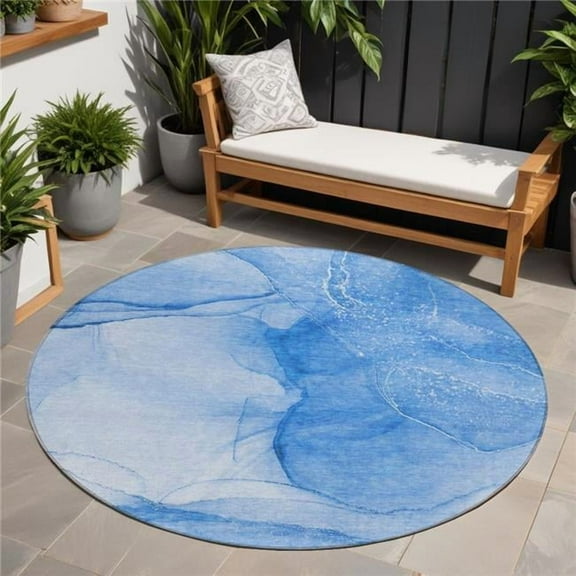HomeRoots 559735 8 ft. Round Blue Round Abstract Washable Non Skid Indoor Outdoor Machine Woven Area Rug
