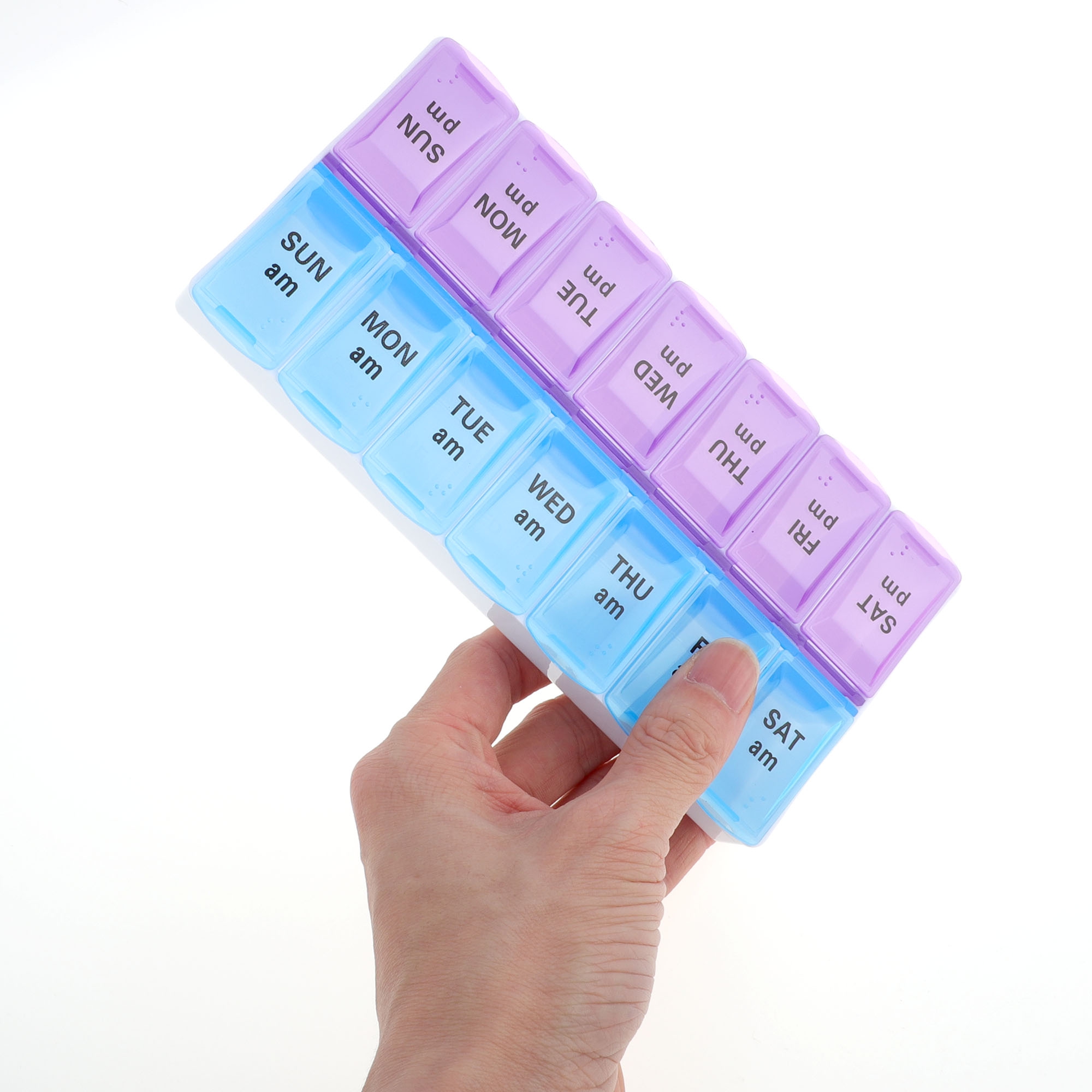Unique Bargains Compact 14 Grids Double Row Pill Box for Travel and Daily Use Purple Blue