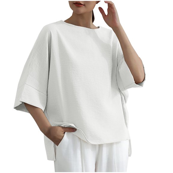 Annhoo Tops for Women Cotton Linen Crew Neck Side Slit Half Sleeve Shirts 2029 Summer Casual Comfy Oversized Tunics