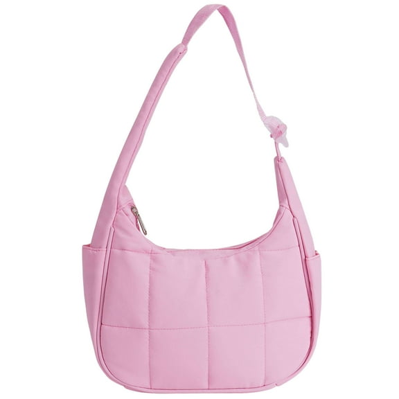 Deago Small Puffer Crescent Shoulder Bag for Women, Nylon Quilted Shoulder Purses, Puffy Handbags with Adjustable Strap (Pink)