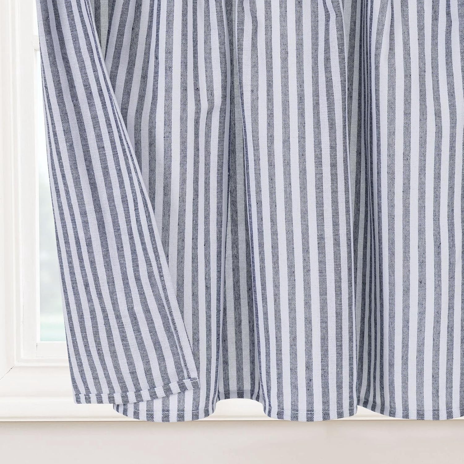 Cotton Linen Farmhouse Kitchen Curtains 24 Inch Boho Rustic Button Tier Curtains Natural/Blue Stripe Color Block Curtain Rod Pocket Small Window Curtain for Cafe Bathroom Bedroom Drapes