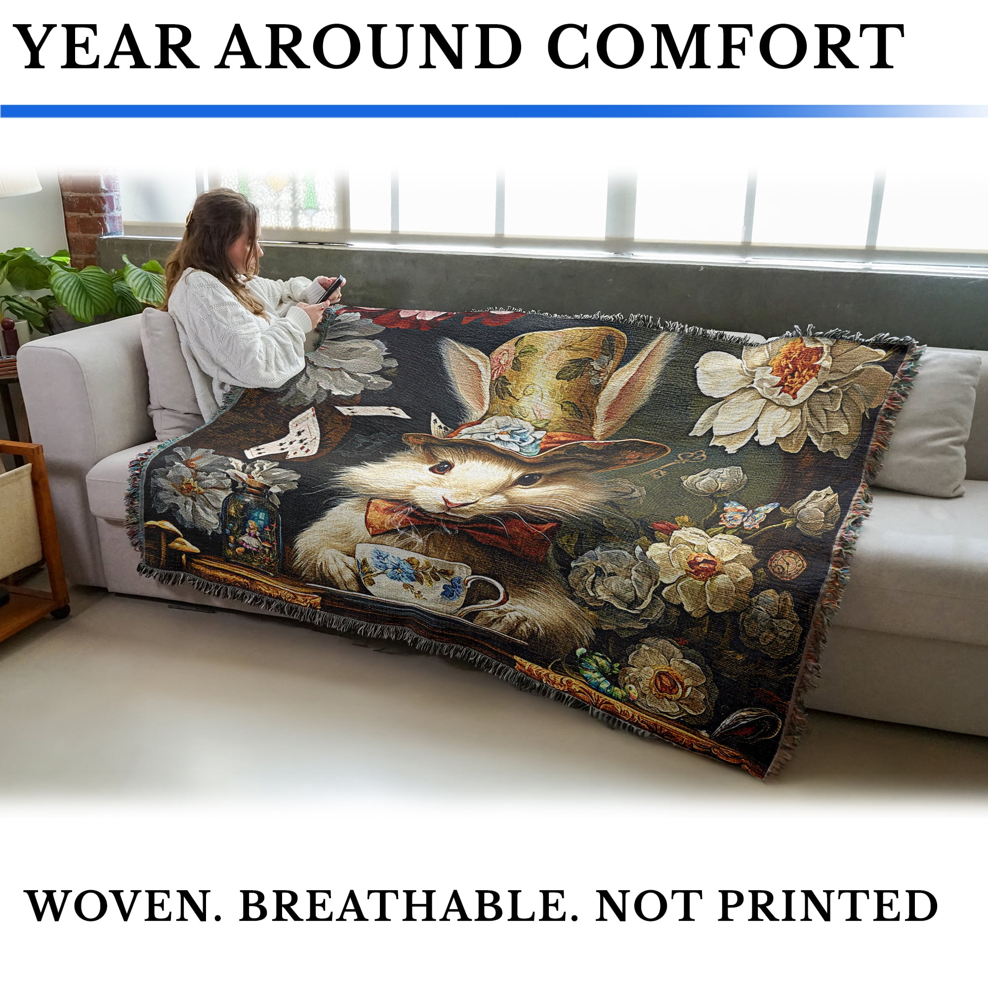 Pure Country Weavers White Rabbit Blanket Cotton Tapestry Throw - Made in The USA - 72" x 54"