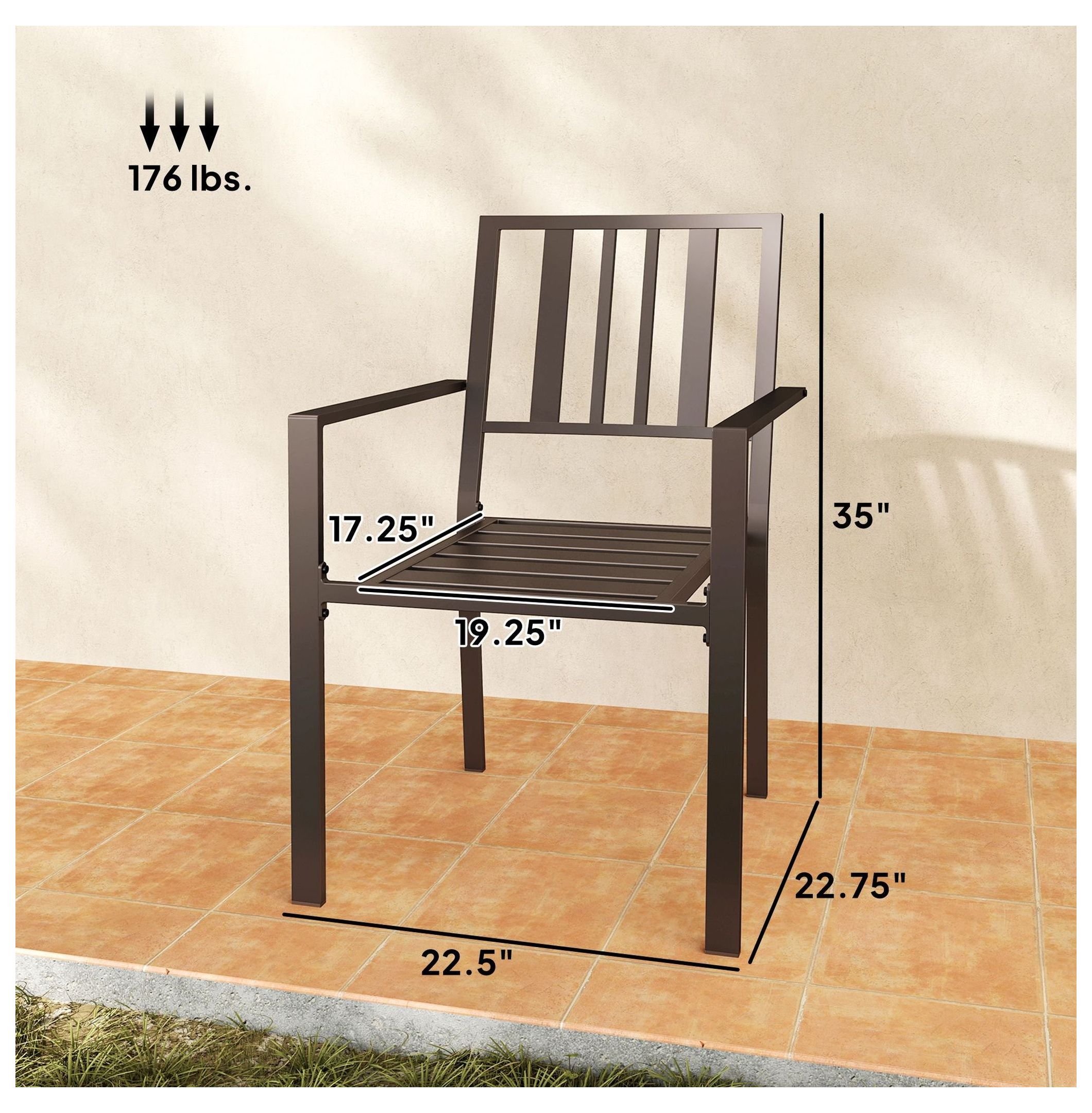 Metal Patio Dining Chairs Set of 2, Dark Brown Slatted Outdoor Chairs
