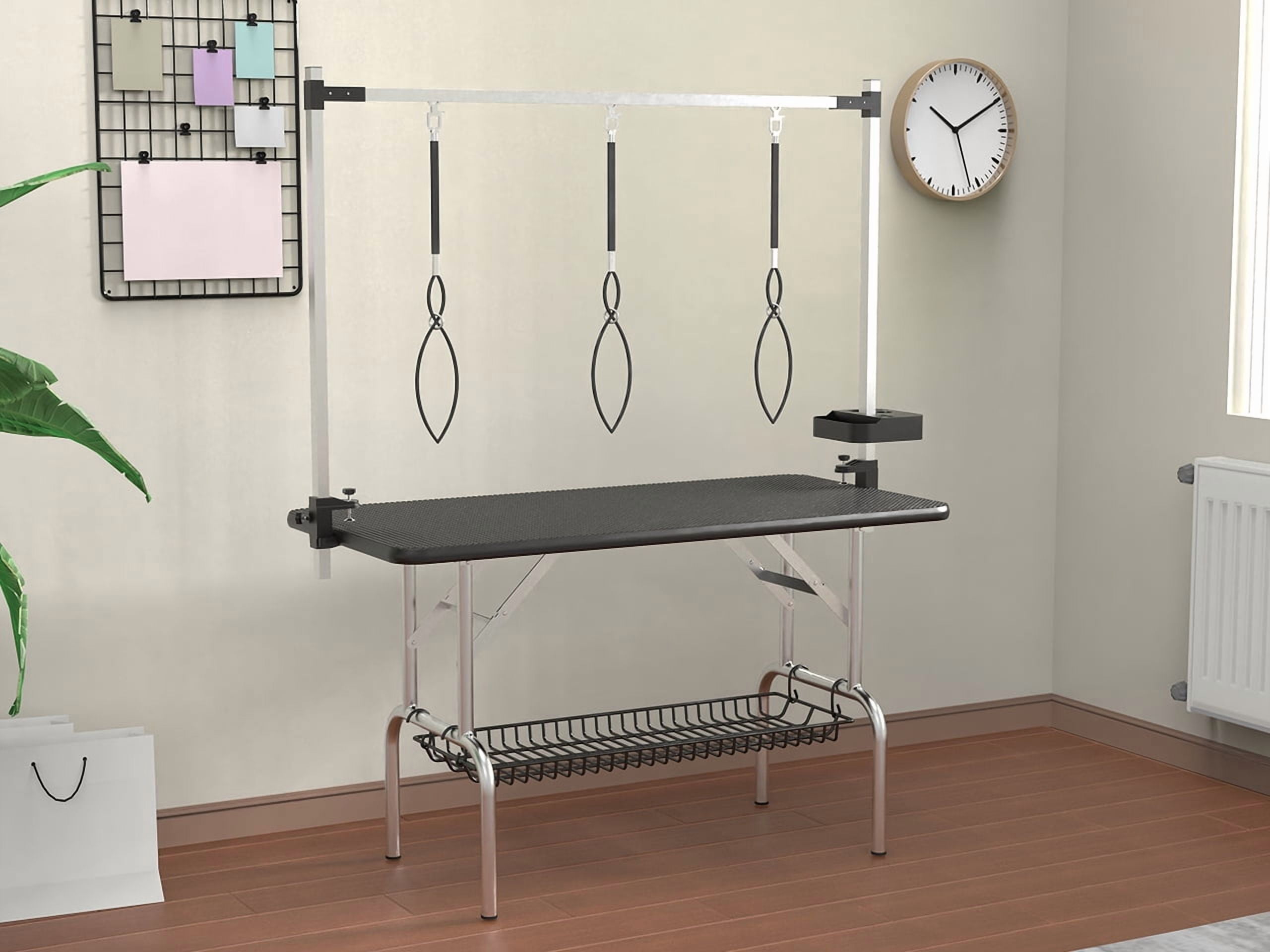 Foldable Dog Grooming Table, Stainless Steel Pet Grooming Station with Adjustable Height Arms, Nooses, Mesh Tray and Tool Organizer for Home Use