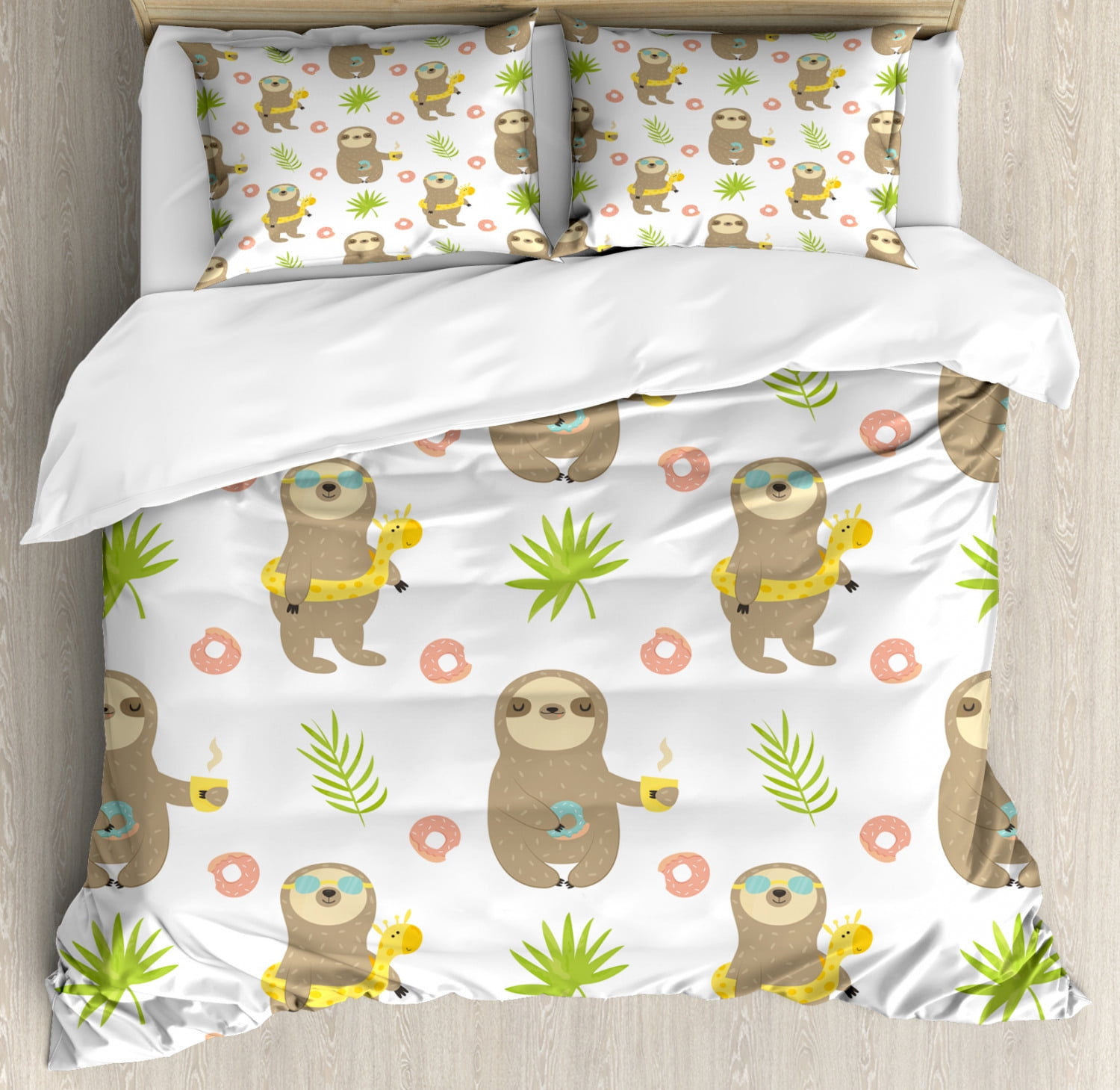 Sloth Duvet Cover Set, Tropical Image of Cacti and Sloths Drinking