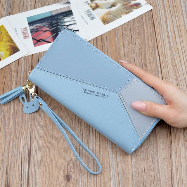 Cartera de mujer Cartera de mano larga para mujer Cartera de gran capacidad con borlas y cremallera de color en contraste de moda japonesa y coreana Bolso para teléfono móvil