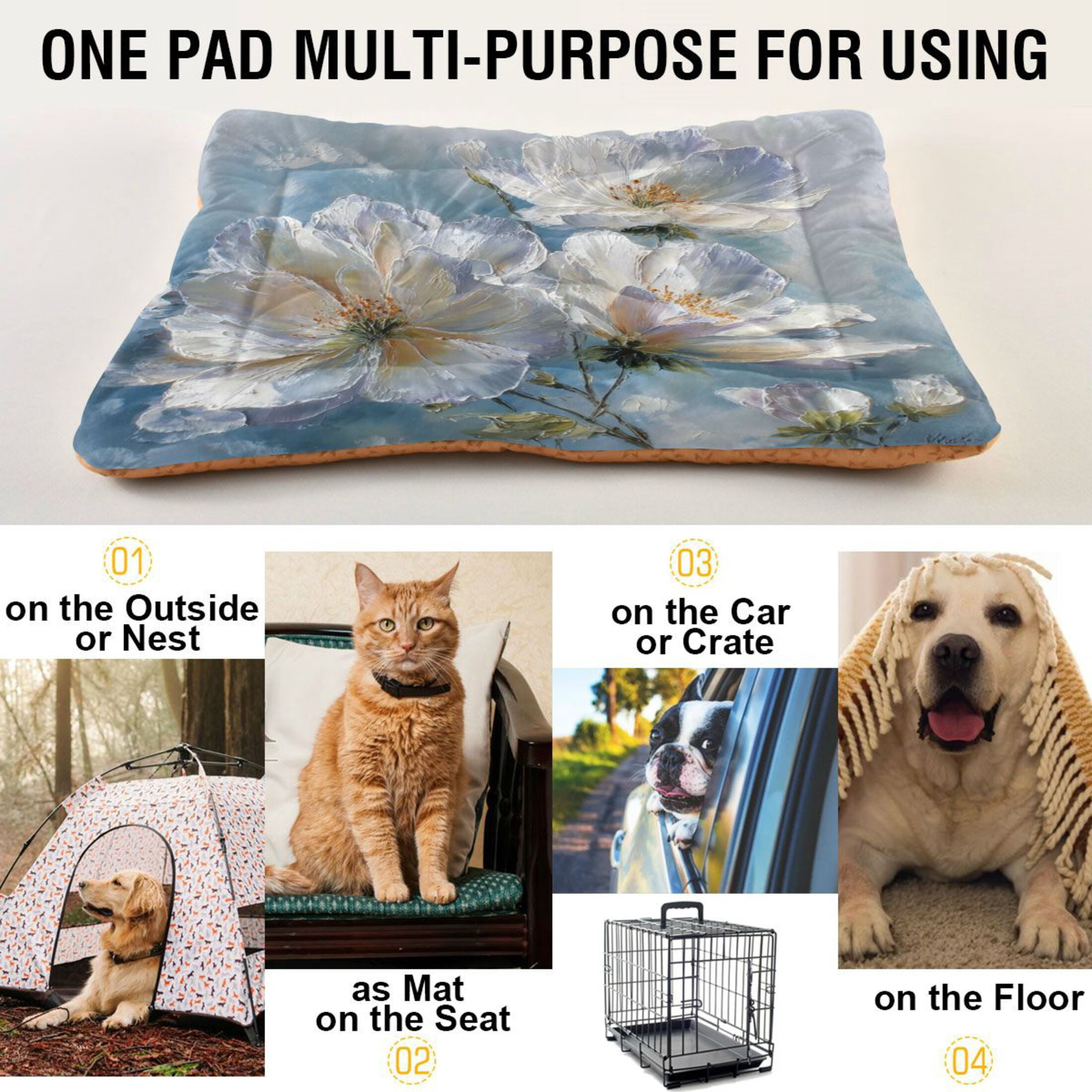 Qxltty White Flowers Ped Pad Wear-resistant and Hard to Bite Through Sleeping Pad for Small Medium Large Dogs Winter Pet Bed 36×24in