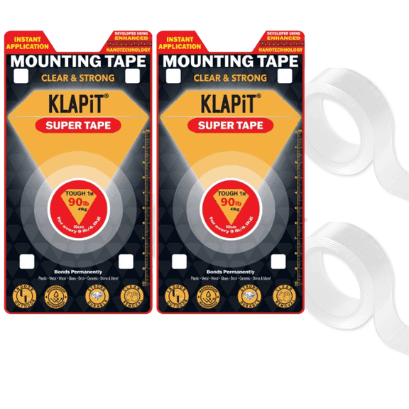 KLAPiT Super Tape Clear Double-Sided Heavy Duty Adhesive, Waterproof Mounting, Holds 90 lb, 2.28 lb/inch