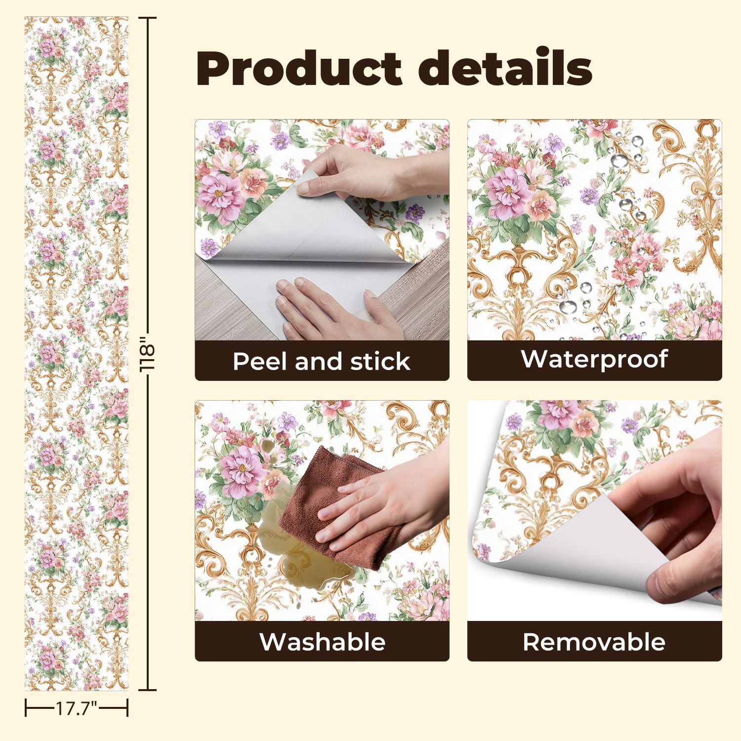 Peel and Stick Wallpaper Vintage Floral Damask Pink Purple Flowers Soft White Wall Mural 17.7in x 9.8ft Self Adhesive Removable Wall Paper Renter Friendly Wallpaper for Nursery Bedroom Cabinets