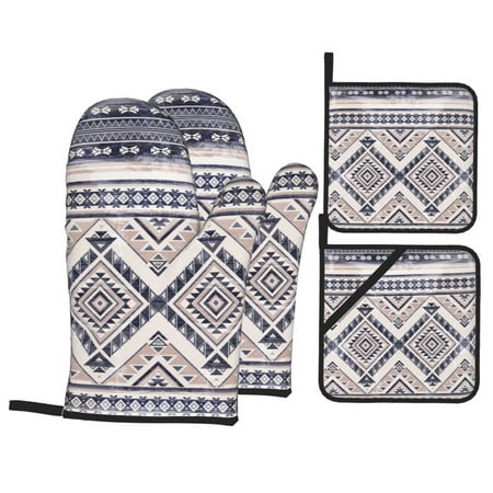 

PUREYAH Oven Mitts And Pot Holders Sets Kitchen Aztec Retro Indian Geometric Oven Gloves Hot Pads Heat Resistant 4 Pieces