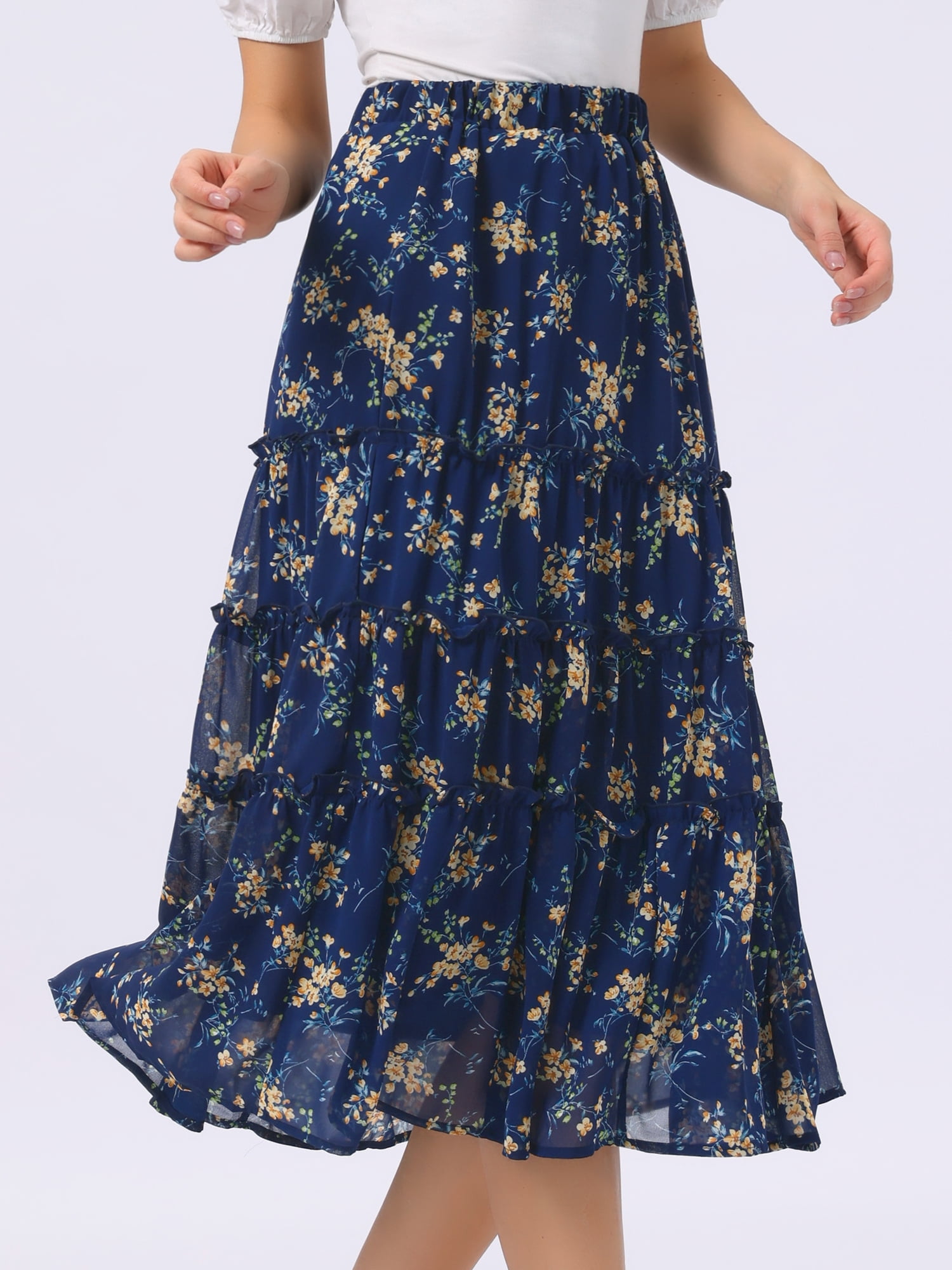 DARING DIVA Women's Chiffon A-line Long Tiered Ruffle Maxi Skirt XS Blue Yellow Floral